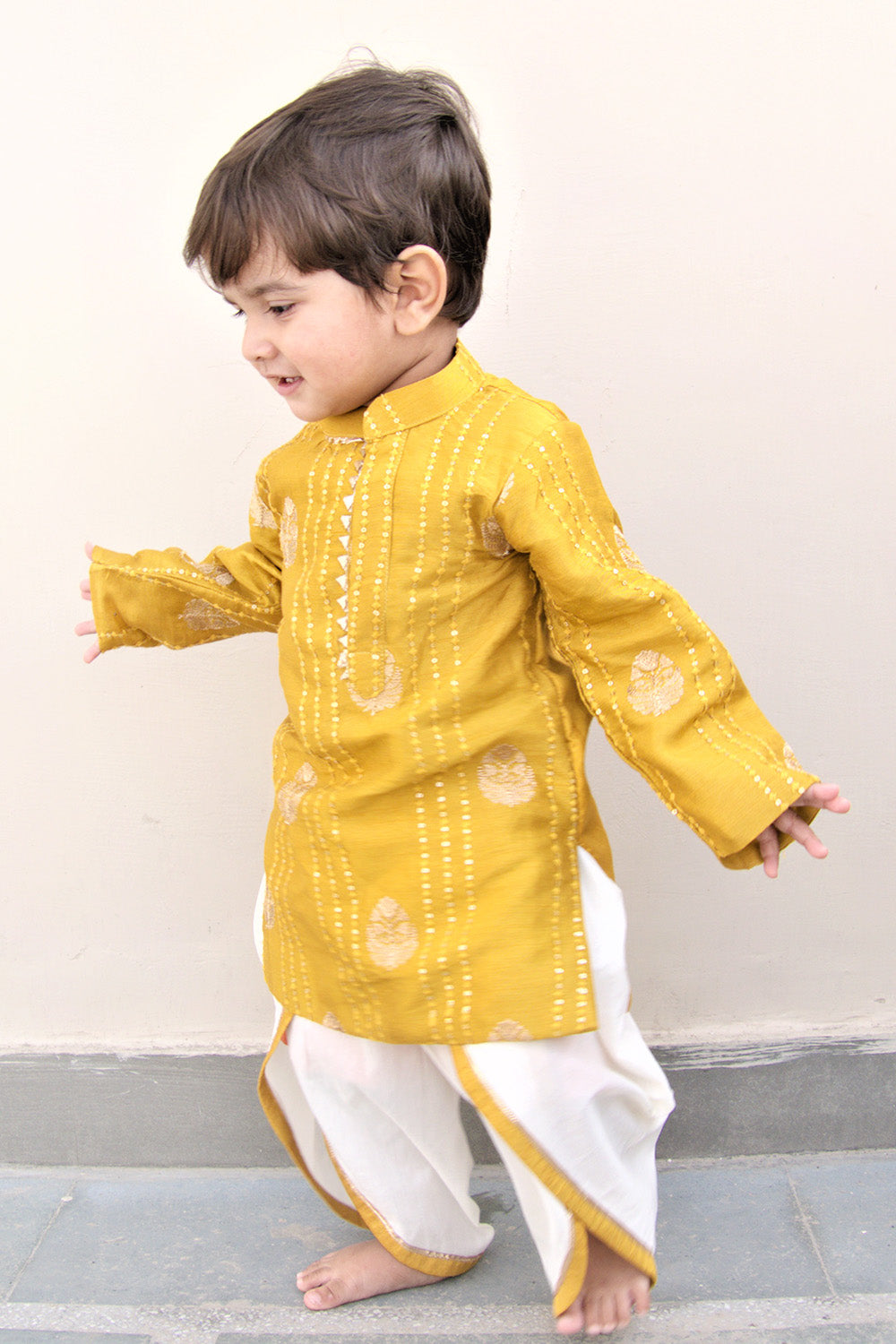 Poly silk yellow kurta And cotton silk dhoti