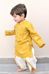 Poly silk yellow kurta And cotton silk dhoti