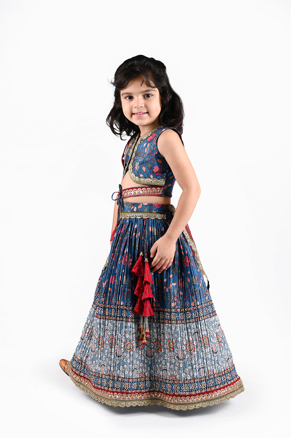 Stylish printed top and lehenga with attached net dupatta