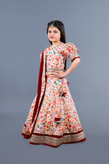 Multi color flower print lehenga choli with maroon velvet dupatta