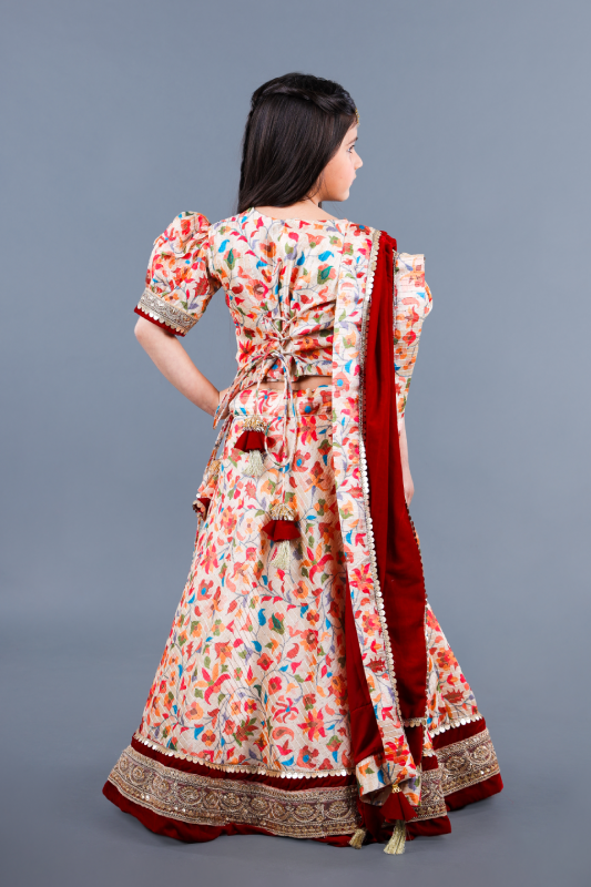 Multi color flower print lehenga choli with maroon velvet dupatta