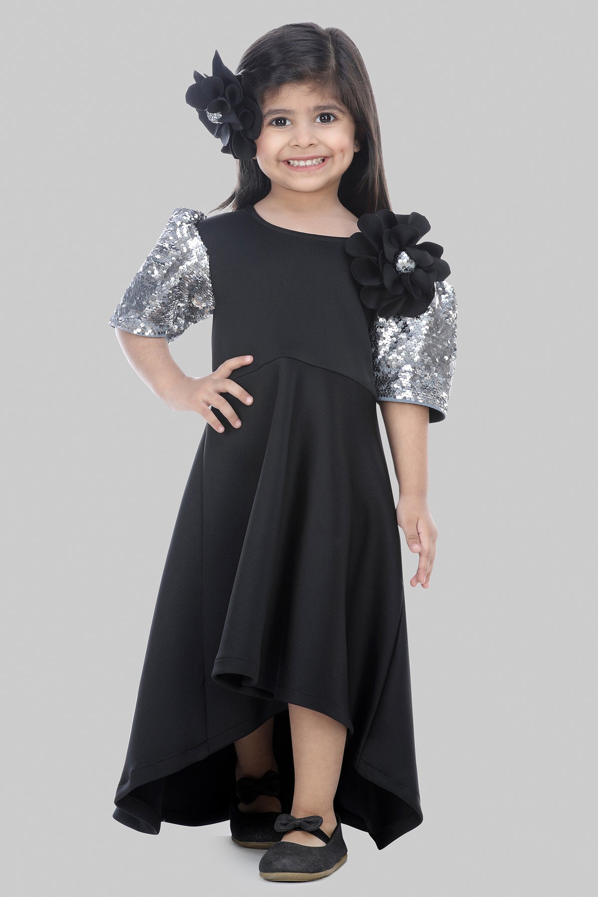 Black Sequin Embroidered Dress For Girls