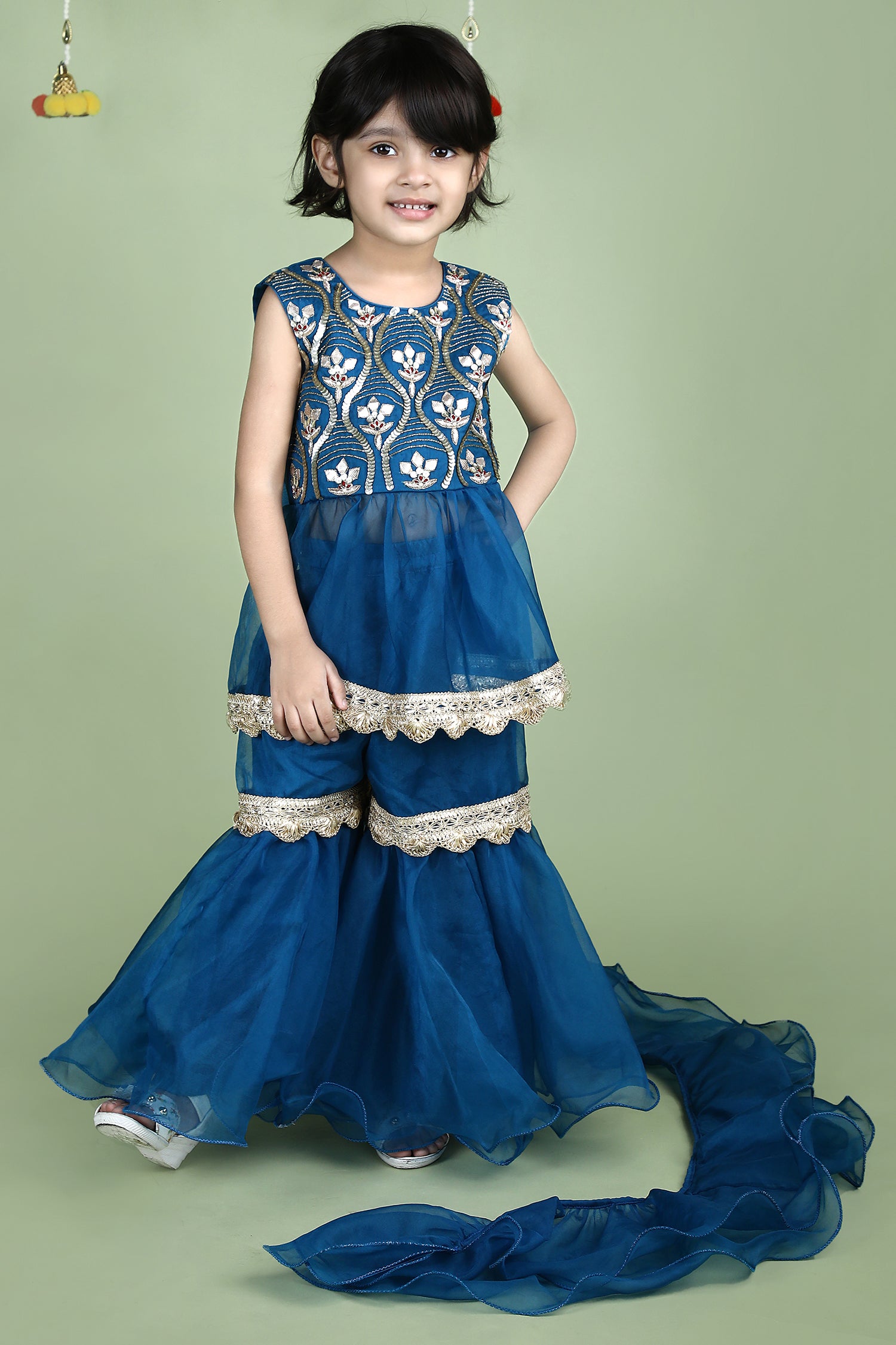 Blue Embroidered Peplum Kurta Sharara Set For Girls