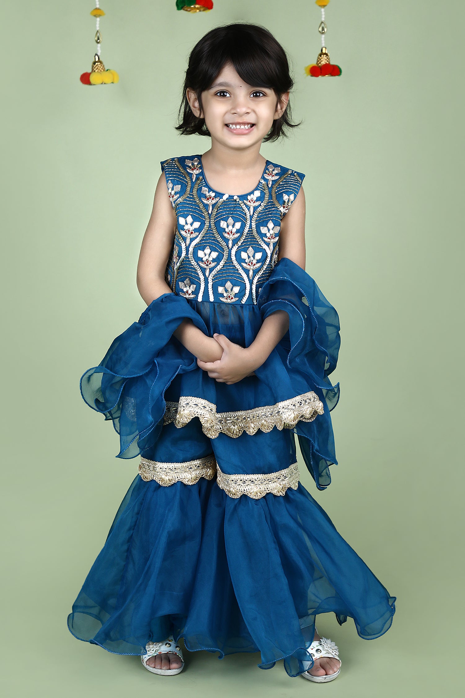 Blue Embroidered Peplum Kurta Sharara Set For Girls