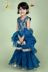 Blue Embroidered Peplum Kurta Sharara Set For Girls