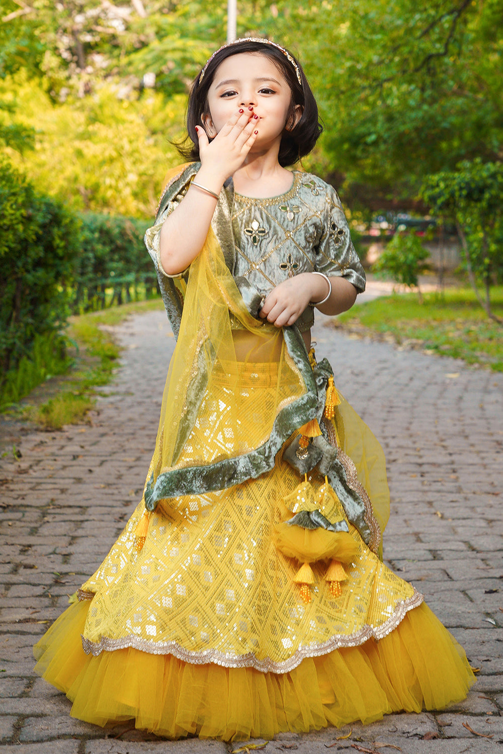 Bead And Mirror Work Velvet Top And Sequin Embroidered Yellow Lehenga With Net Dupatta