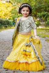 Bead And Mirror Work Velvet Top And Sequin Embroidered Yellow Lehenga With Net Dupatta