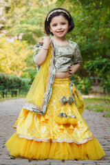 Bead And Mirror Work Velvet Top And Sequin Embroidered Yellow Lehenga With Net Dupatta