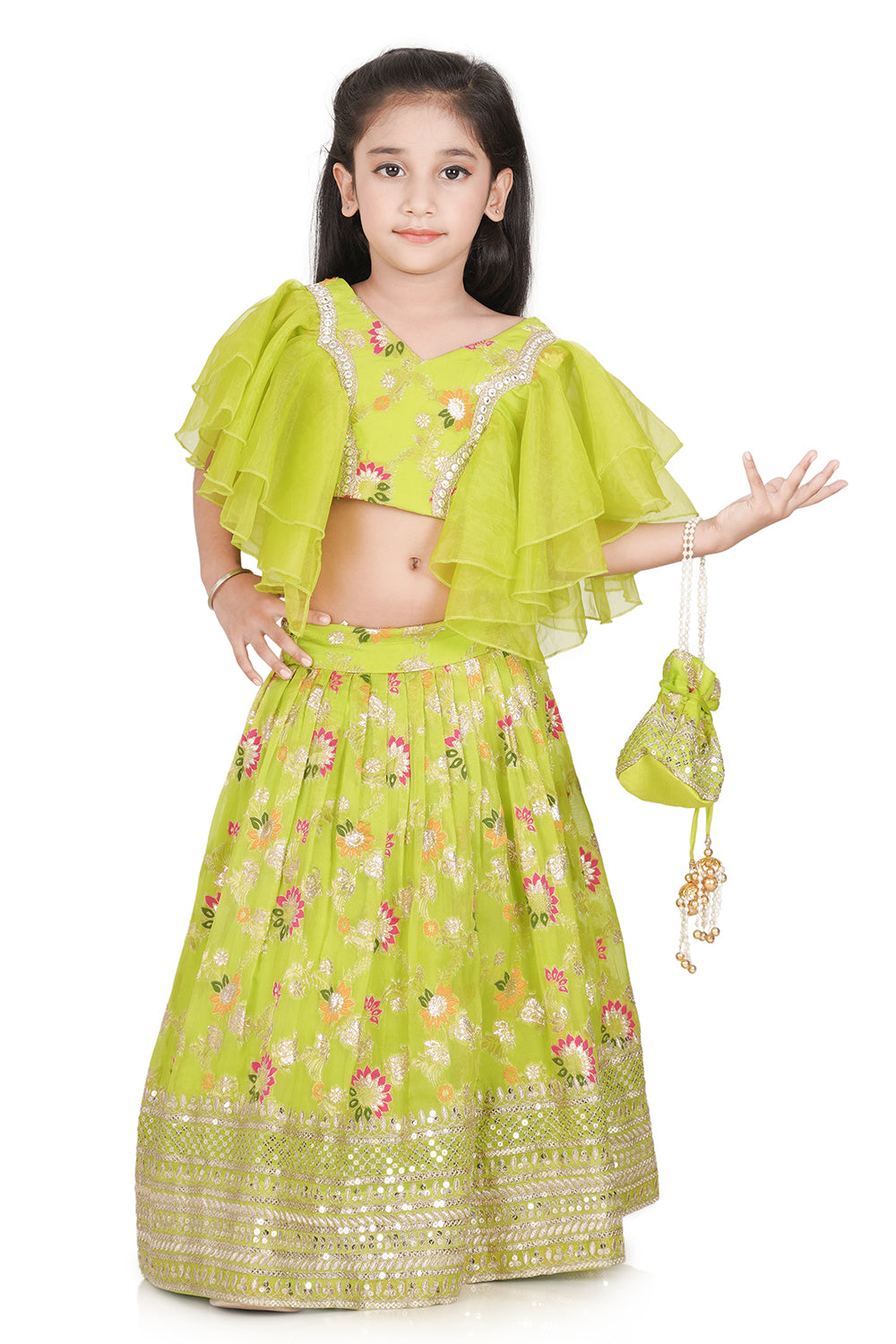 Ethnic embroidered top with lehenga and hand bag set