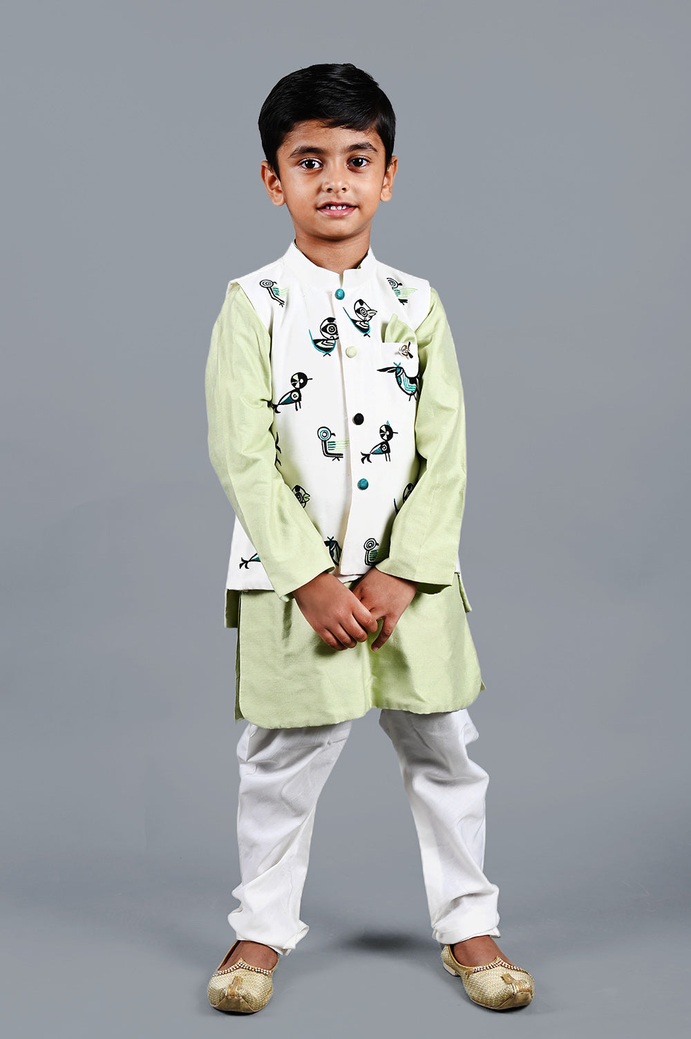 Green Kurta With Bird Embroidered Jacket And Churidar