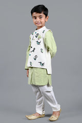 Green Kurta With Bird Embroidered Jacket And Churidar