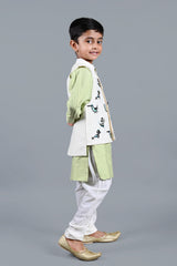 Green Kurta With Bird Embroidered Jacket And Churidar