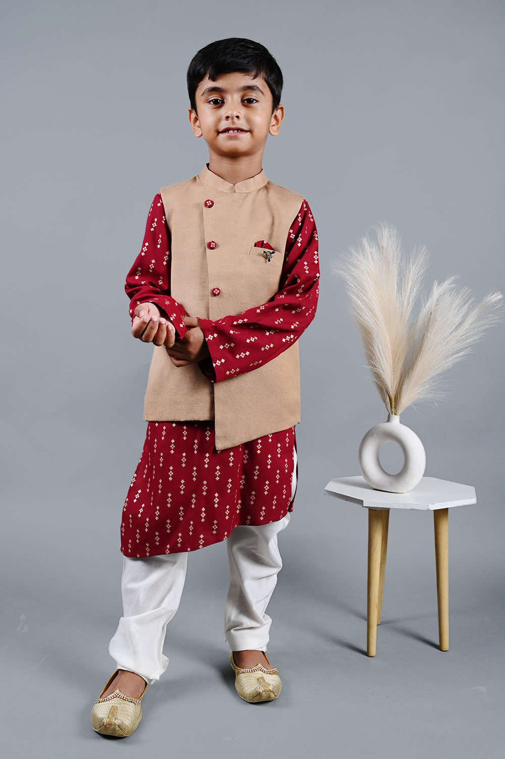 Maroon Printed Kurta With Beige Jacket Set