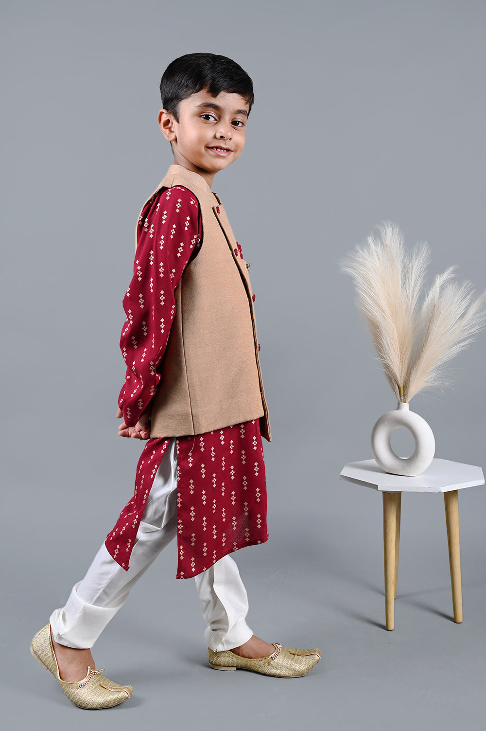 Maroon Printed Kurta With Beige Jacket Set