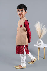 Maroon Printed Kurta With Beige Jacket Set