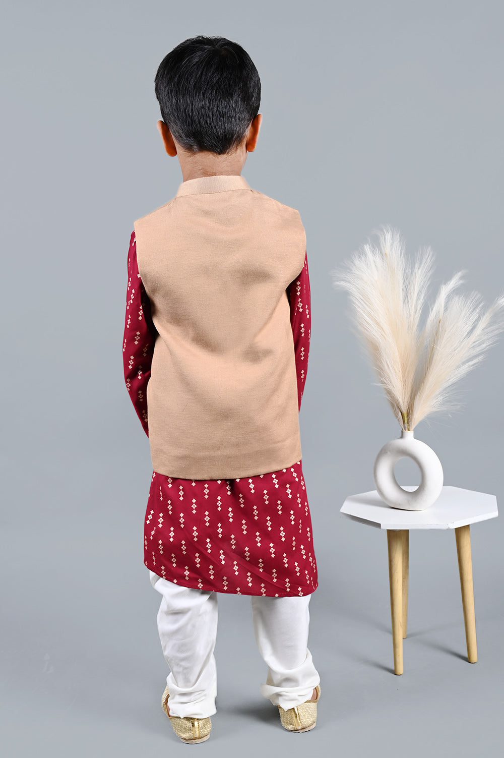 Maroon Printed Kurta With Beige Jacket Set