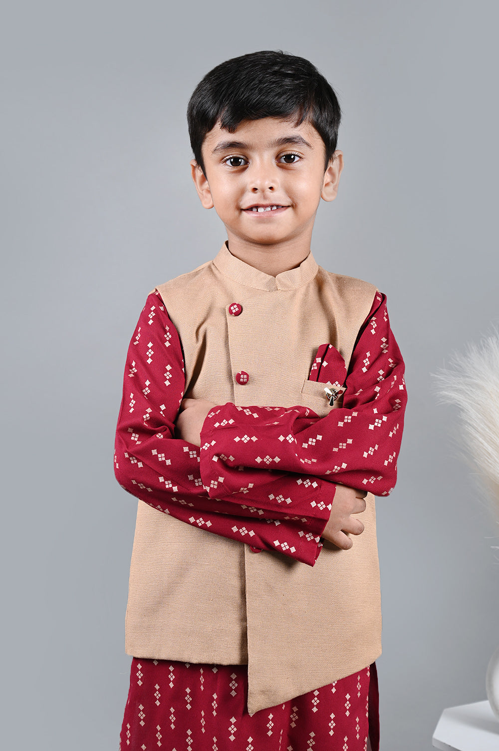 Maroon Printed Kurta With Beige Jacket Set