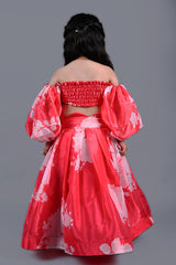 Red printed balloon sleeves top and printed lehenga