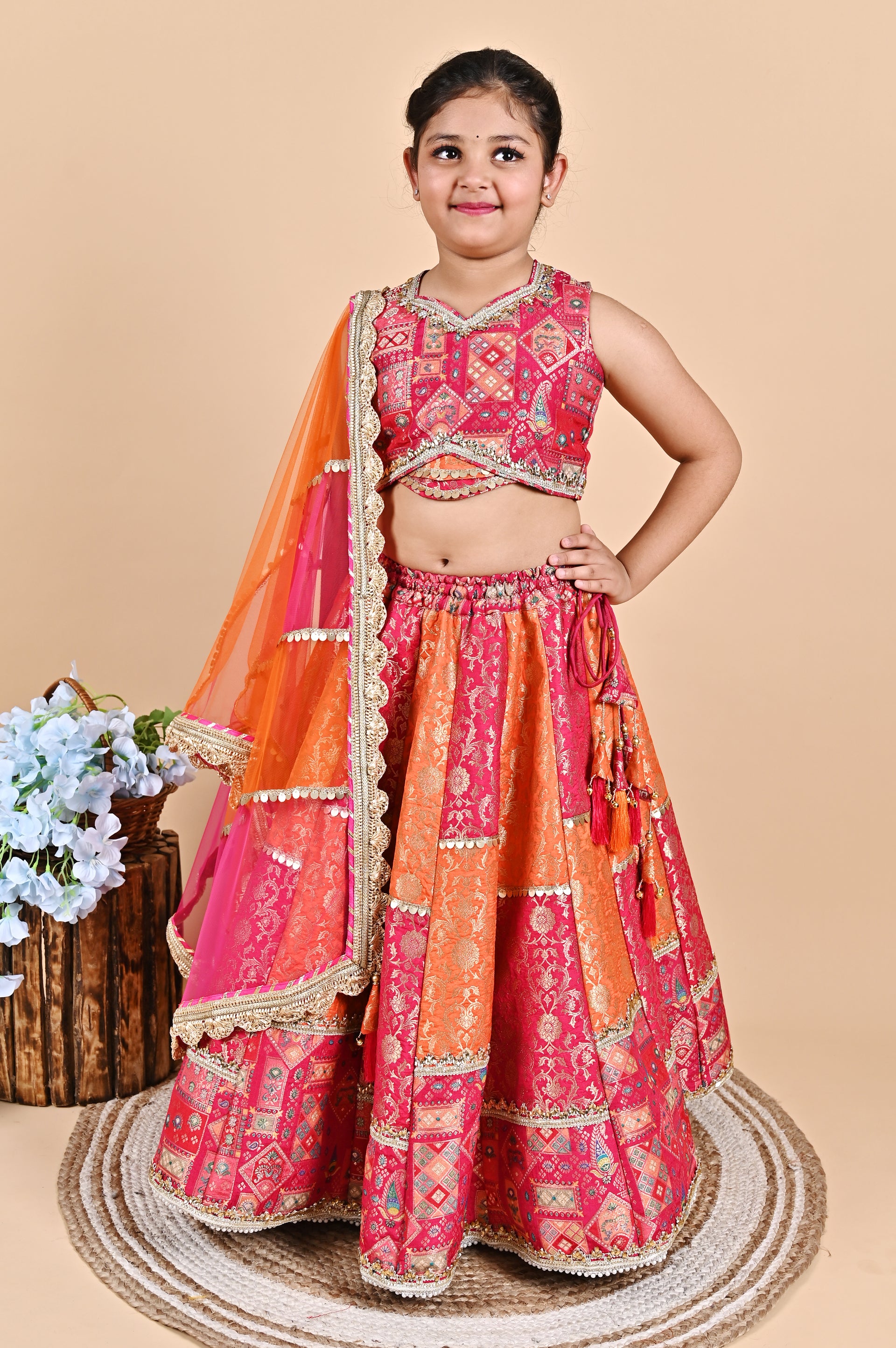 Pink Zari Work Thread Work Brocade Lehenga Choli and Dupatta