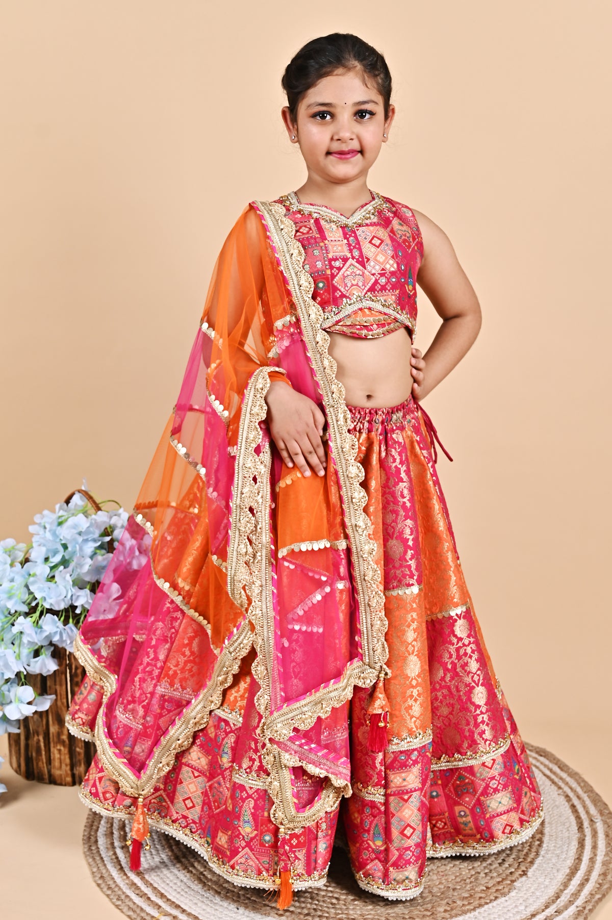 Pink Zari Work Thread Work Brocade Lehenga Choli and Dupatta