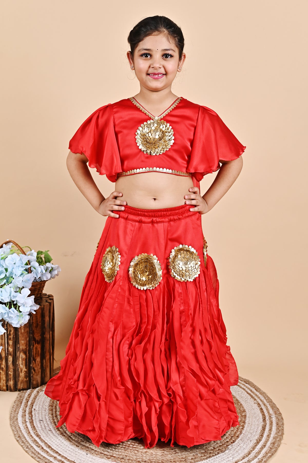 Red frill lehenga choli attached back dupatta