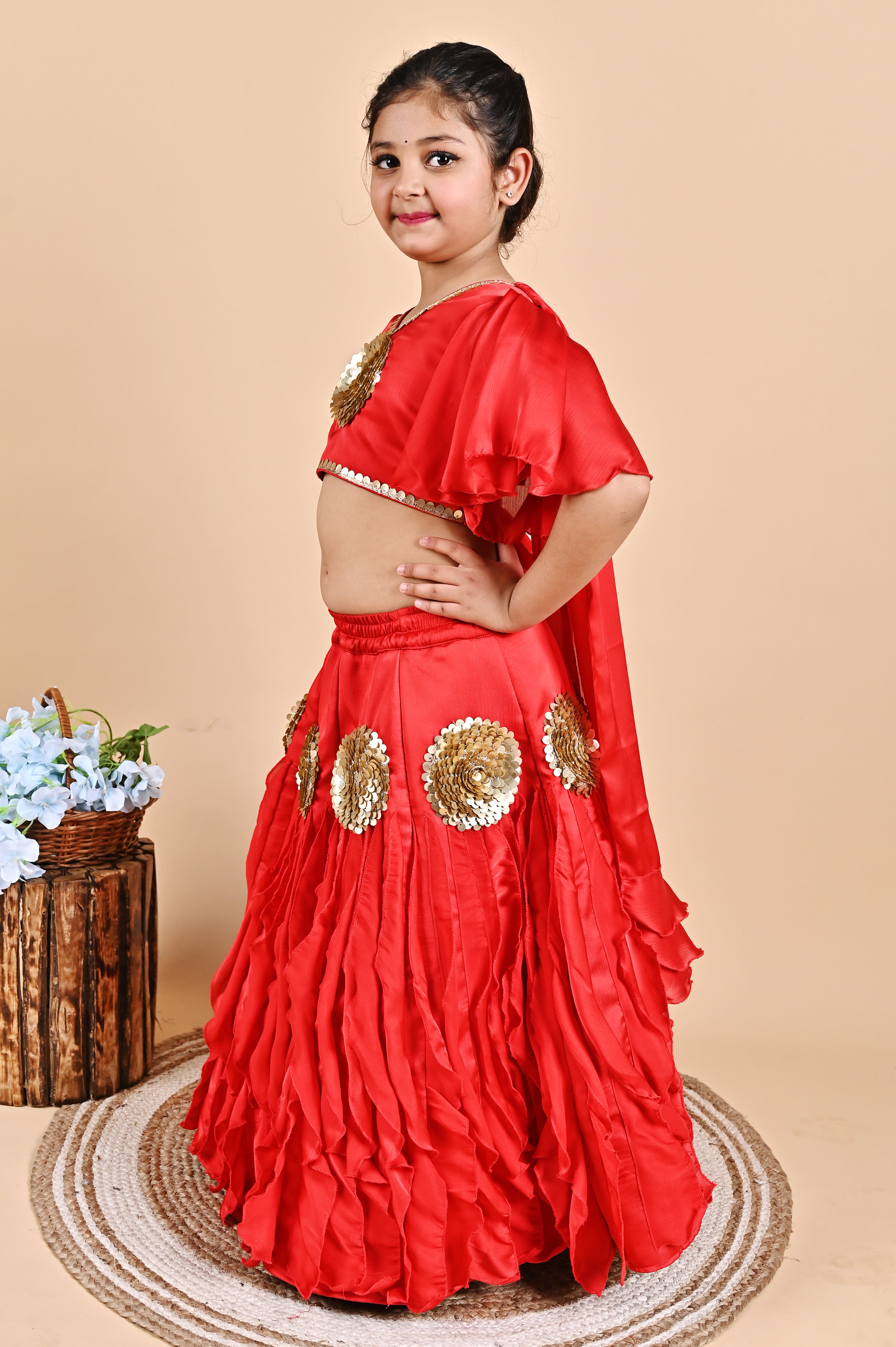 Red frill lehenga choli attached back dupatta