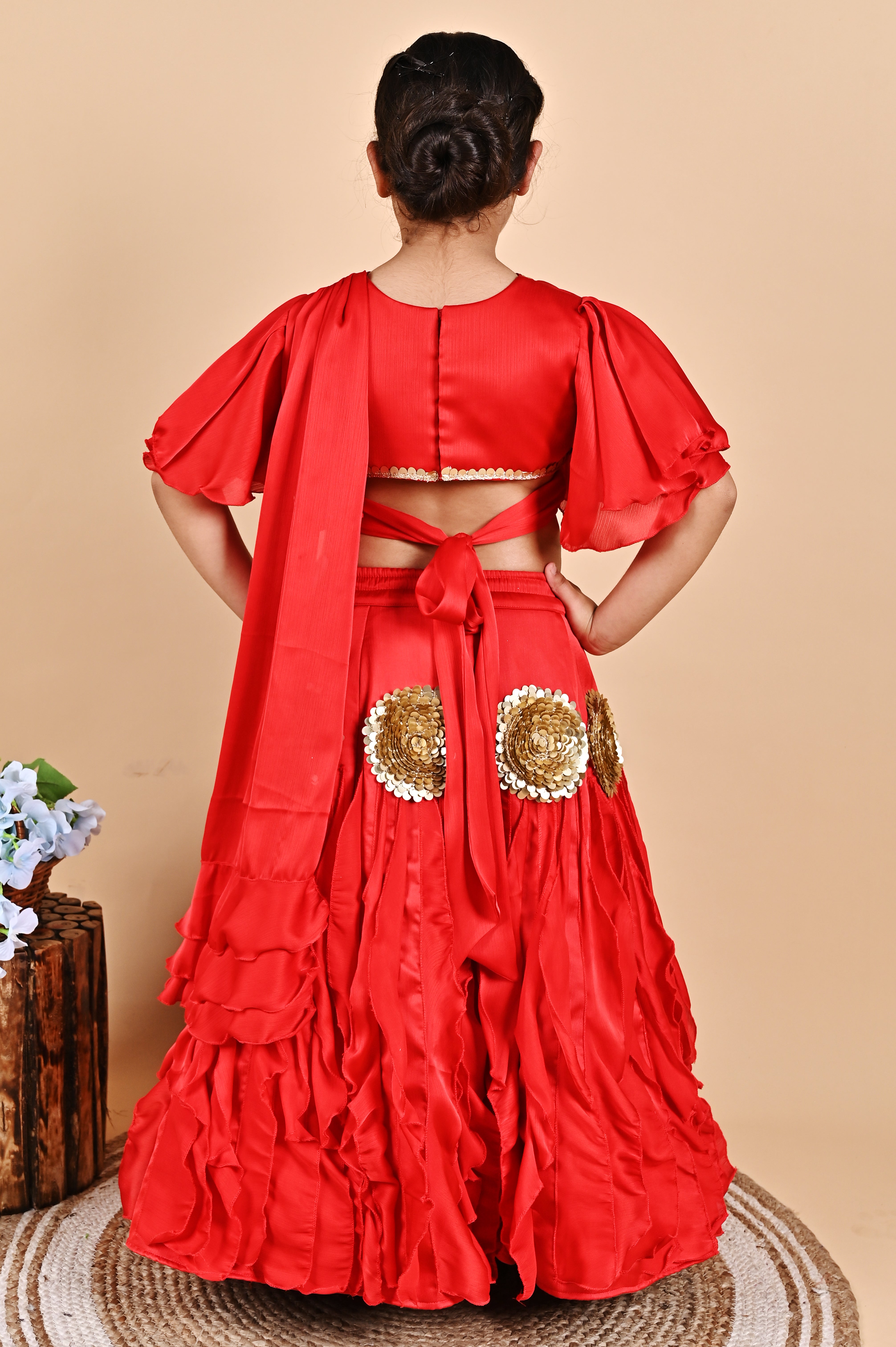 Red frill lehenga choli attached back dupatta