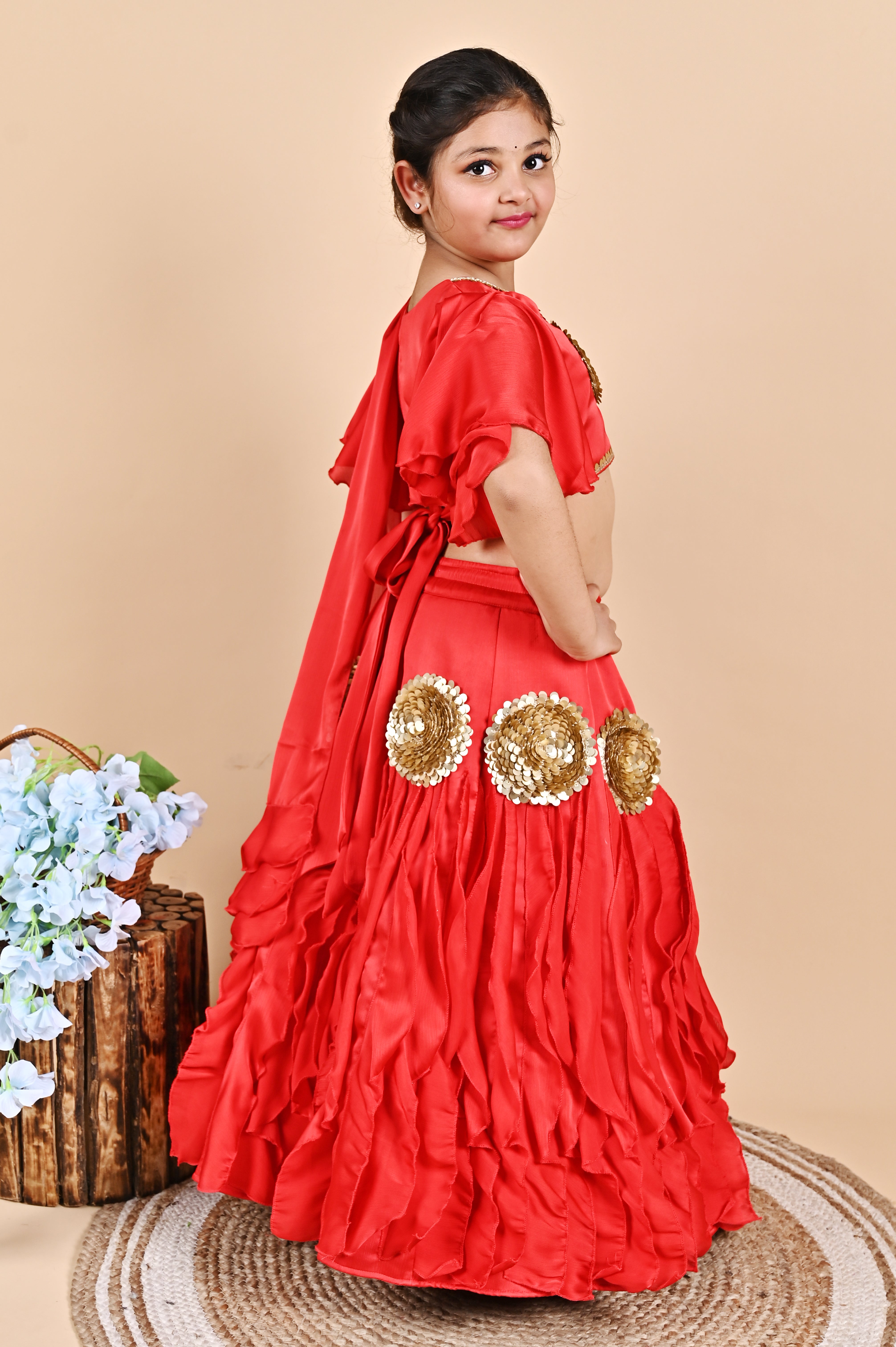 Red frill lehenga choli attached back dupatta