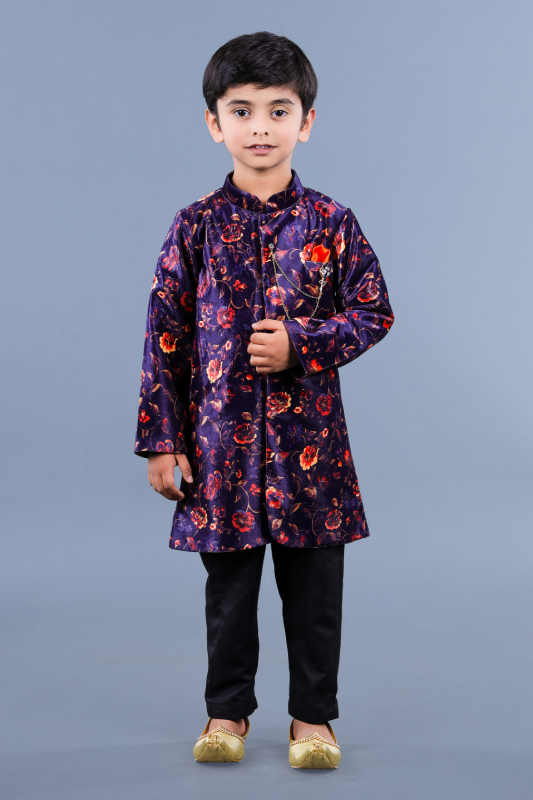 Flower print velvet  achkan with black pant