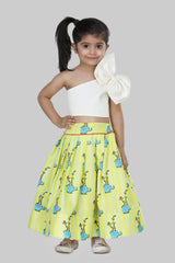 Green Cotton Silk Crop Top And Skirt Set For Girls