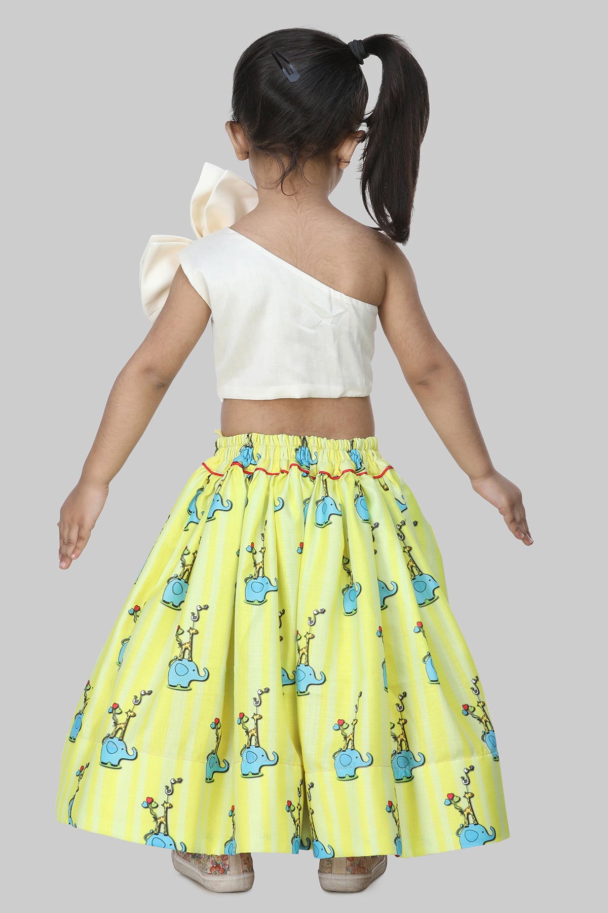 Green Cotton Silk Crop Top And Skirt Set For Girls