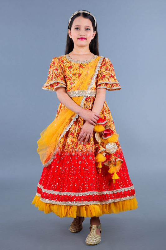 Yellow print with embroidered anarkali and side drape duppatta