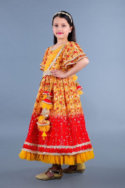 Yellow print with embroidered anarkali and side drape duppatta