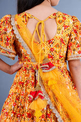 Yellow print with embroidered anarkali and side drape duppatta