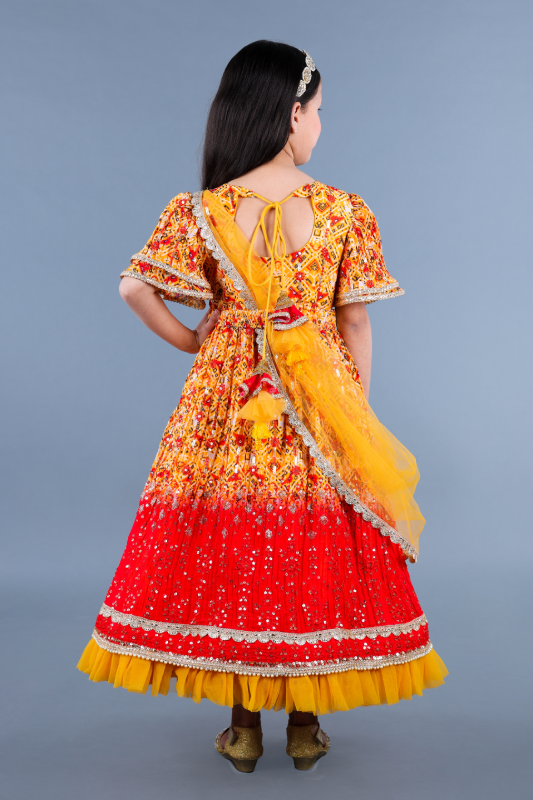 Yellow print with embroidered anarkali and side drape duppatta