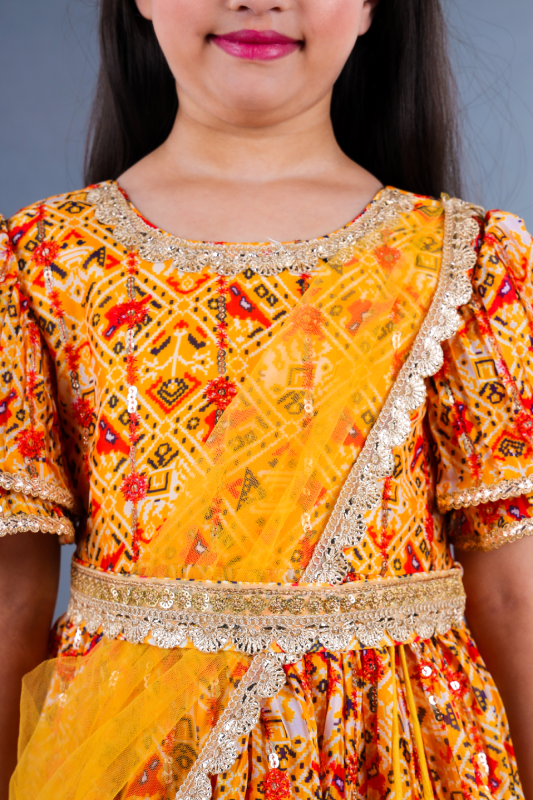 Yellow print with embroidered anarkali and side drape duppatta