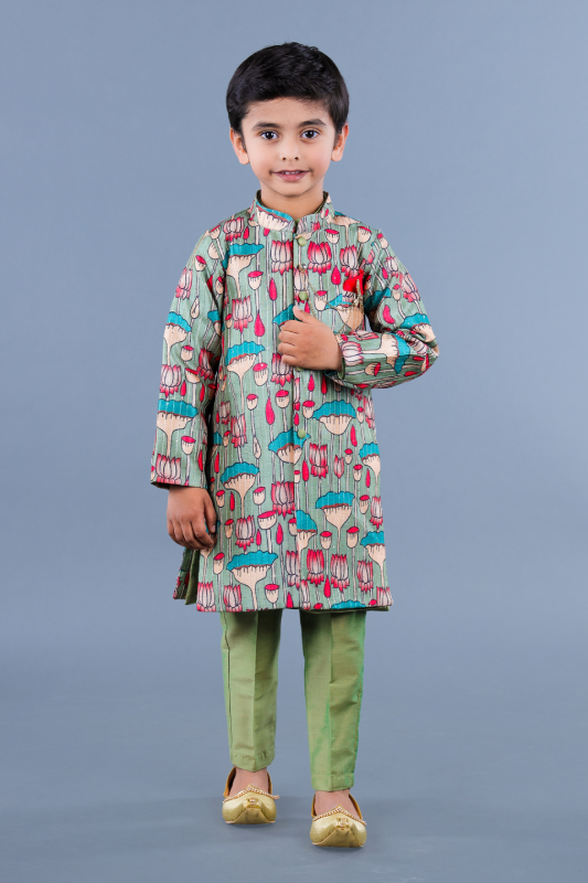 Lotus print long achkan with stright pant