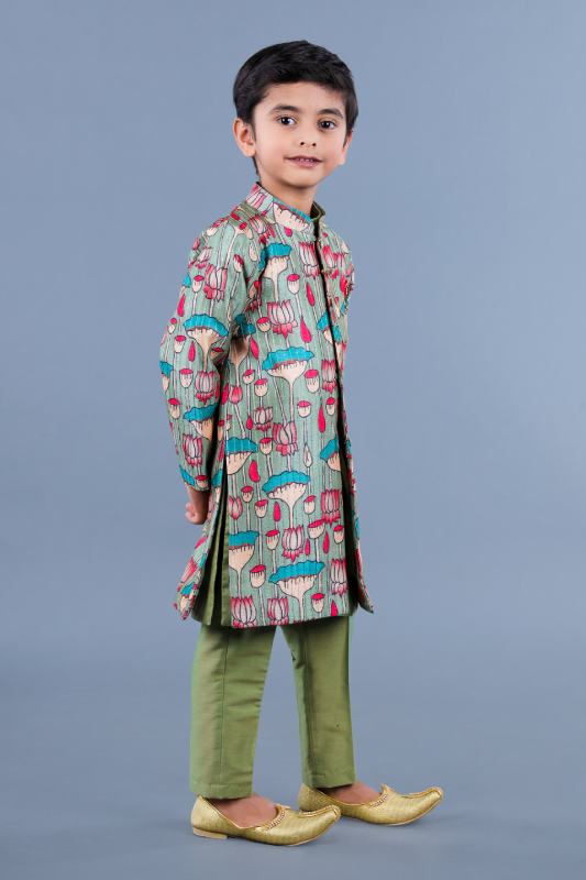 Lotus print long achkan with stright pant