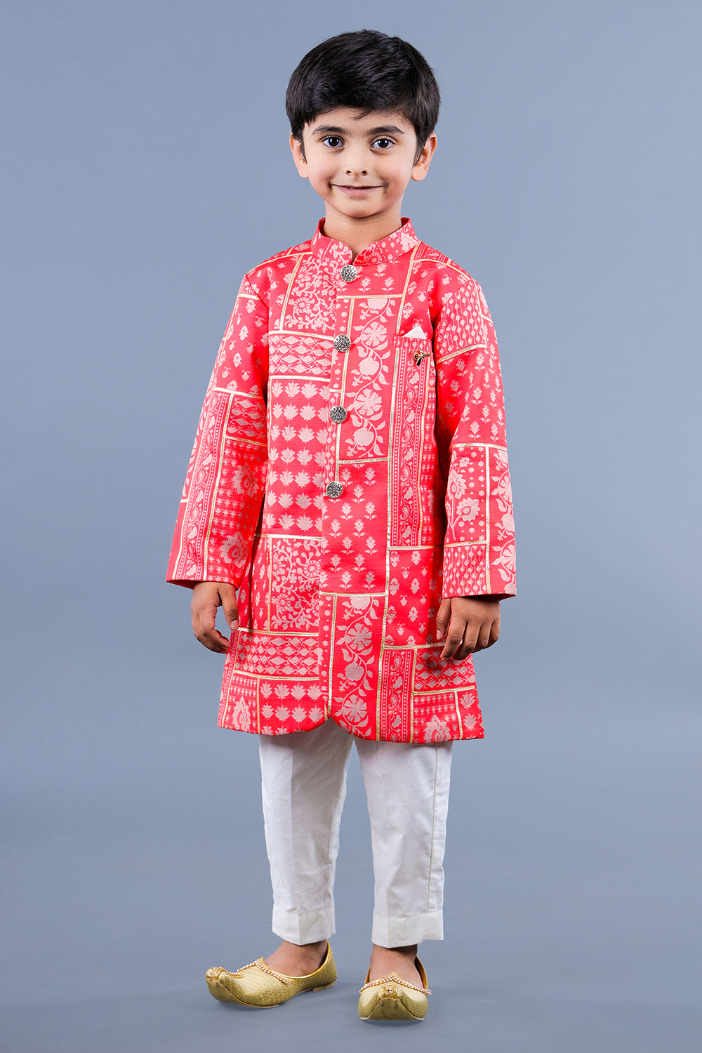 Pocket Detail Salmon Pink Sherwani And Off White Pyjama