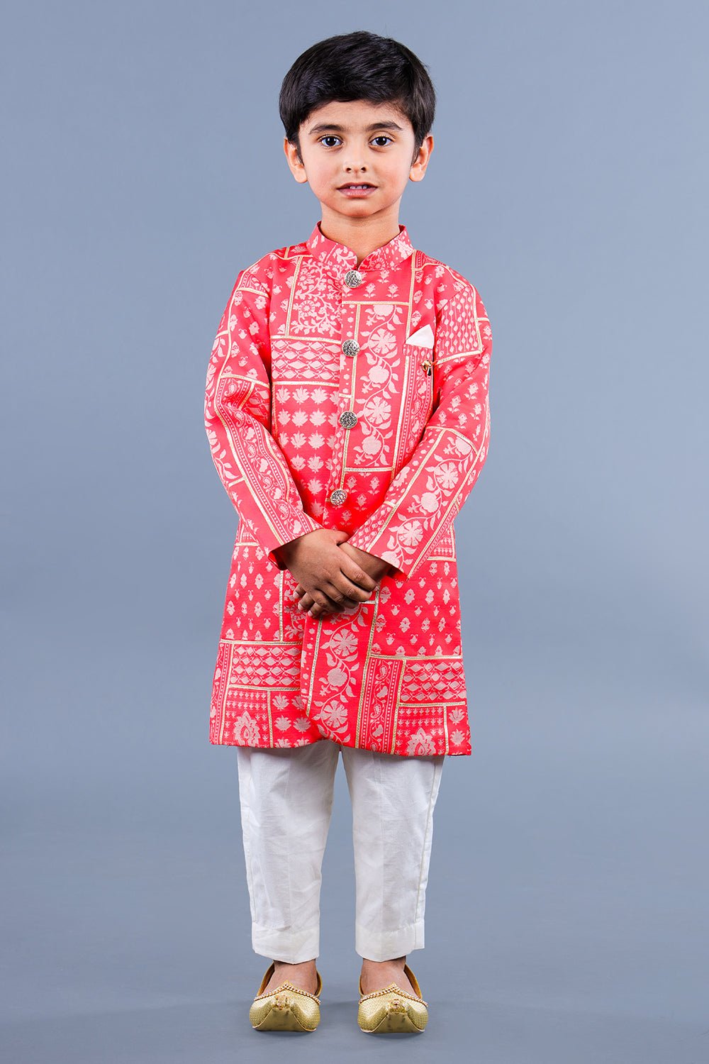 Pocket Detail Salmon Pink Sherwani And Off White Pyjama