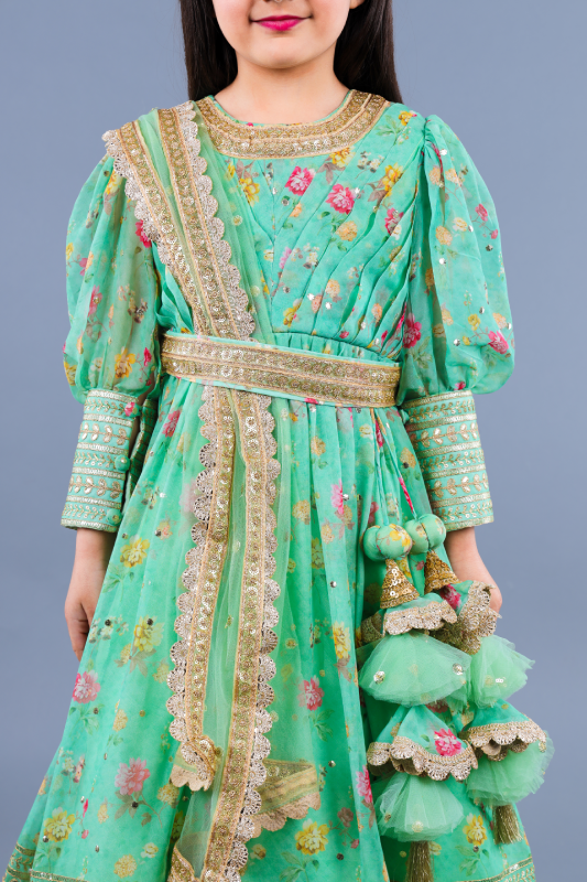 Green print & Embroidered anarkali with net duppatta