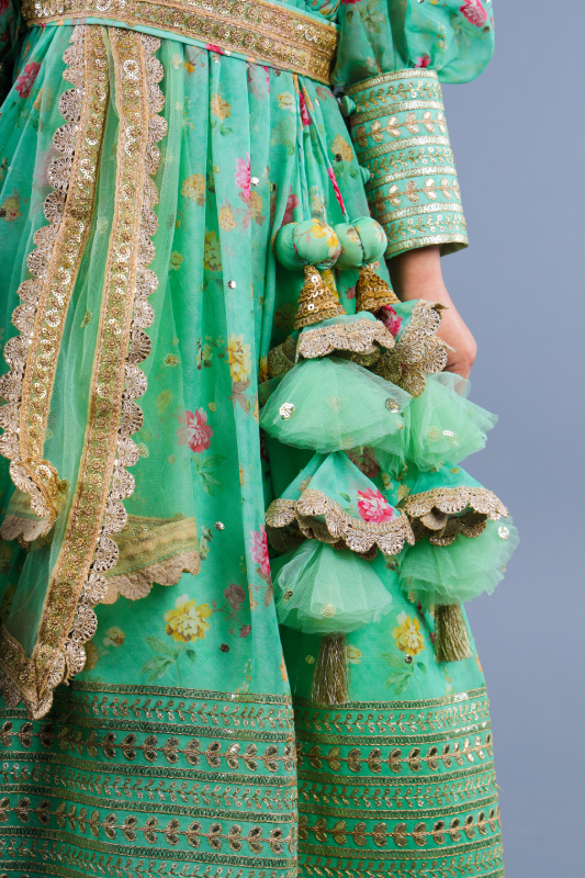 Green print & Embroidered anarkali with net duppatta