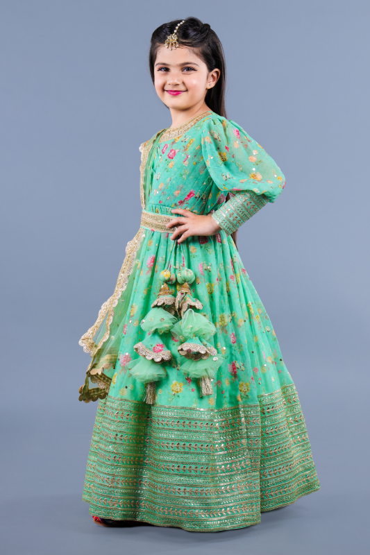 Green print & Embroidered anarkali with net duppatta