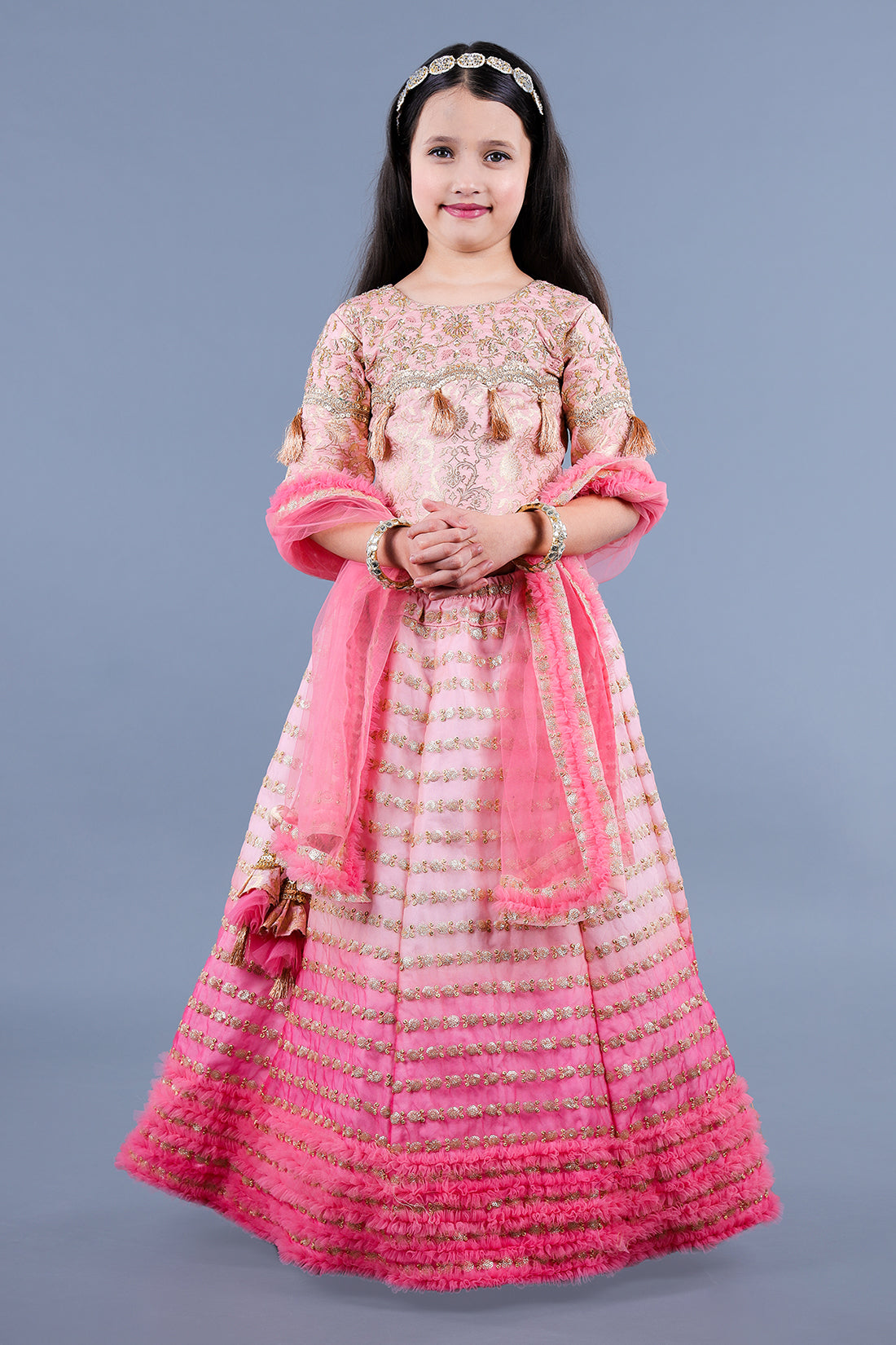 Baby Pink Cut Dana And Brocade Embroidered Top With Ombre Lehenga And Matching Dupatta