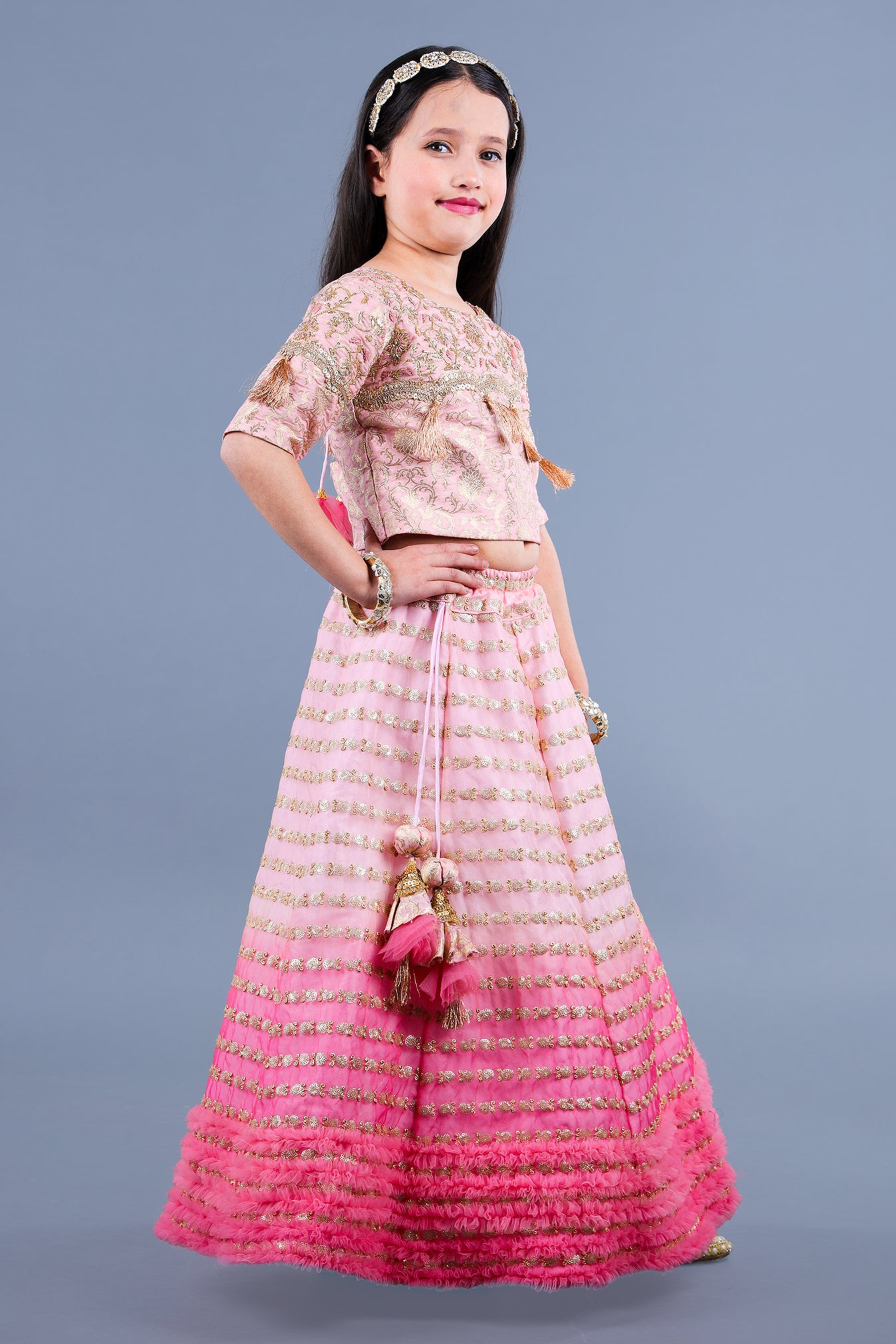 Baby Pink Cut Dana And Brocade Embroidered Top With Ombre Lehenga And Matching Dupatta