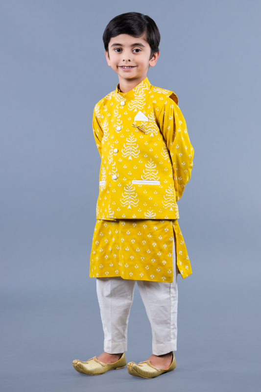 Olive Khadi print kurta jacket set with off white pant