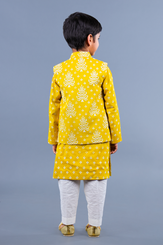 Olive Khadi print kurta jacket set with off white pant