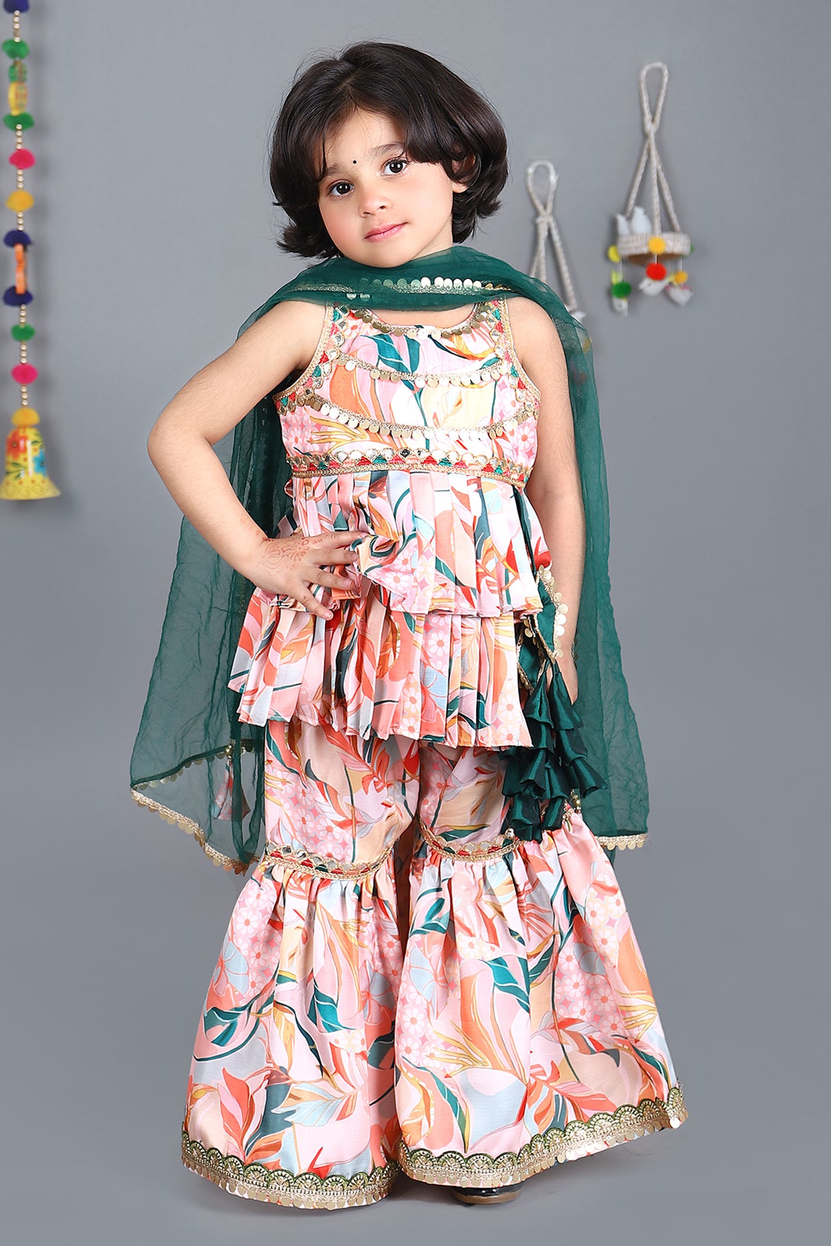 Beutiful leaf print pleated kurti sharara with lace finished dupatta set