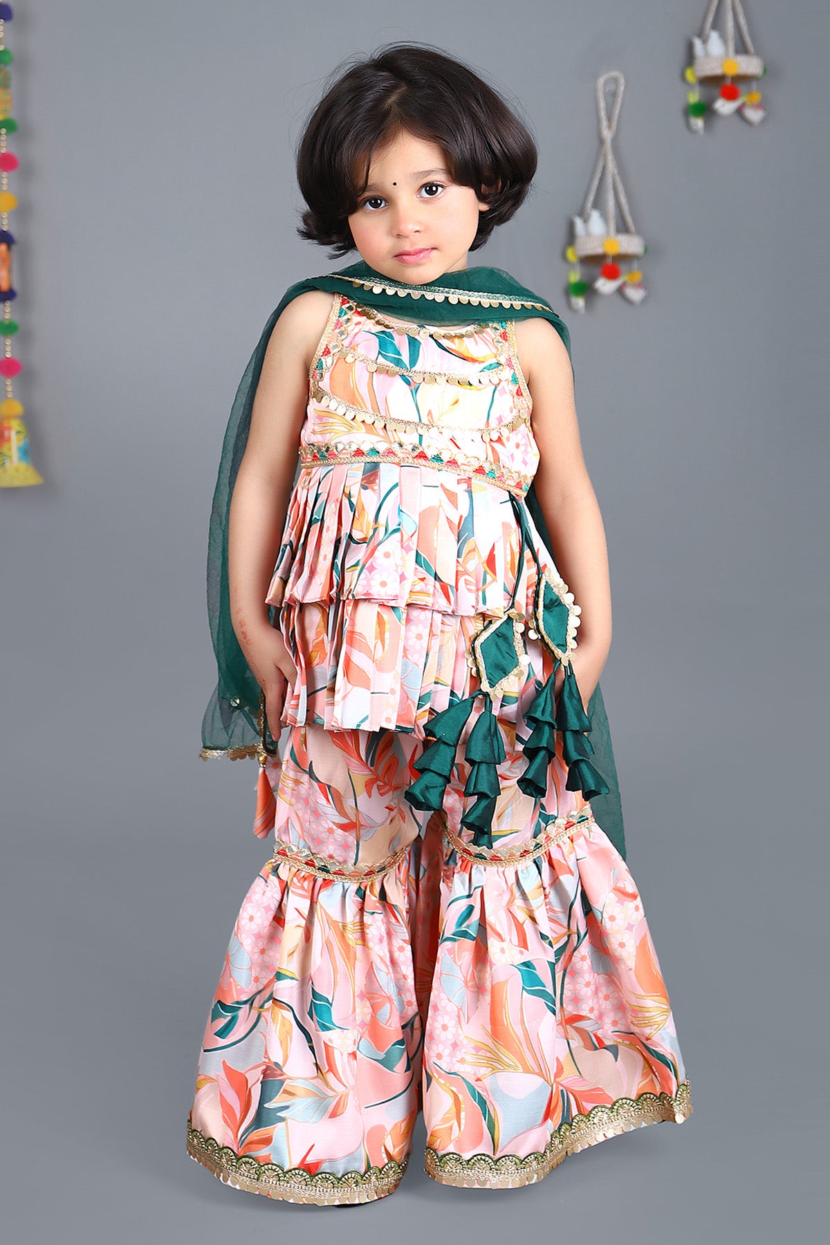 Beutiful leaf print pleated kurti sharara with lace finished dupatta set