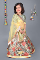 Green puff sleeve choli multicolour printed lehenga with yellow drape dupatta